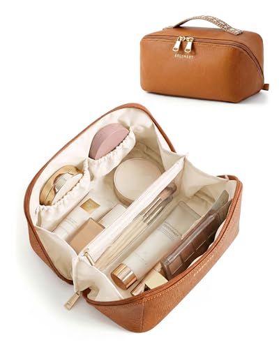 BAGSMART Makeup Bag Travel Cosmetic Bag, Large Make Up Bag Flat Open Toiletry Bag for Women, PU Leather Travel Essentials Organizer Case, Wide-open Pouch Purse for Skincare, Brushes, Vintage Brown - color: 14- Vintage Brown