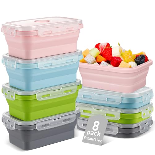 Mifoci Set of 8 Silicone Collapsible Bowls for Camping with Vent Lid Silicone Storage Containers for Food Meal Preparation Square Bowl Microwave Freezer Dishwasher Safe(Morandi Color,17 Oz/ 500 ml) - color: Morandi Color, size: 17 oz/ 500 ml