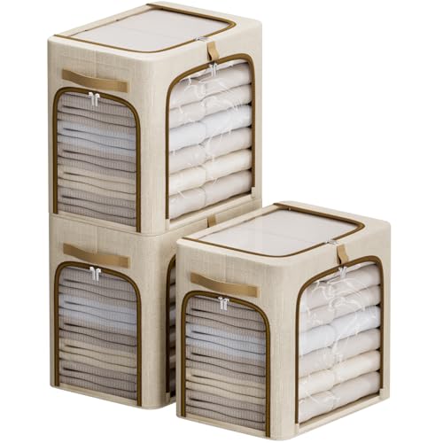 CYhom Clothes Storage Bins with Metal Frame,3 See-Through Windows Openings Clothing Storage Bin,3 Pack Foldable Storage Bins Boxes for Closet (Beige, 55L-16.5 x 12.6 x 16.1IN) - color: Beige, size: 16.5 x 12.6 x 16.1 in