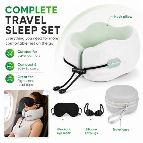 Memory Foam Travel Neck Pillow for Airplane Travel, Head and Chin Support, Adjustable Strap, Washable Cover, Carry Case