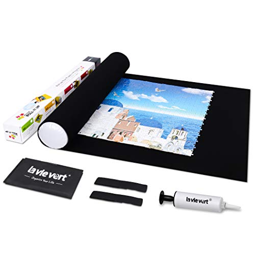 Lavievert Jigsaw Puzzle Mat Roll Up with Drawstring Storage Bag & Hand Pump, Portable Puzzle Board for Adults, Long Box Package, No Folded Creases, Felt Mat Saver Keeper for Games Up to 1500 Pieces - color: Black + White Pump
