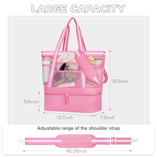 WOOMADA Beach Tote Bag With Cooler, Large Mesh Beach Bags for Women with Wet Pocket, Pool, Swim, Travel Essentials - color: Hot Pink White