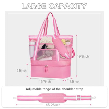 WOOMADA Beach Tote Bag With Cooler, Large Mesh Beach Bags for Women with Wet Pocket, Pool, Swim, Travel Essentials - color: Hot Pink White