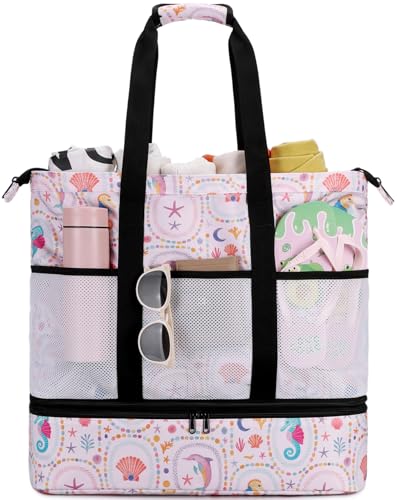 JIANYA Beach Bag Women Waterproof Sandproof Beach Tote Bags with Cooler Top Zipper Large Totes for Pool Travel Daily - color: Ocean Party-pink