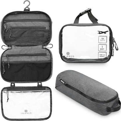 Toiletry Bag Kit 3 Piece Set: Hanging Travel Toiletry Bag + 311 TSA Cosmetic Liquid Bag + Accessory Organizer Pouch - color: Grey