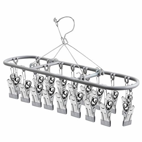 PHYDELU Drying Rack Clothing with 20 Clips，Sock Hanger for Drying，Hanging Clothes Dryer Underwear Hangers Racks Laundry Herb Socks Panty Wet Bra Lingerie Baby Delicates Foldable Small Indoor Metal - color: Dark Gray (20 Clips)