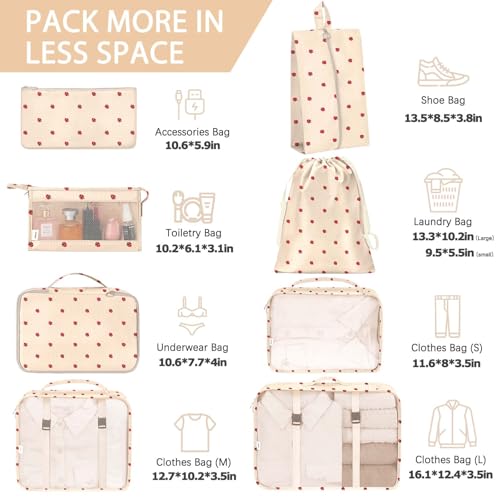 KPX 8 Set Packing Cubes for Travel, Luggage Packing Organizers Accessories Large Toiletries Bag for Clothes Shoes Cosmetics (8Set-Beige Strawberry) - color: 8Set-Beige Strawberry