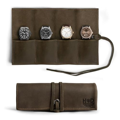 Hide & Drink, Leather Watch Roll Organizer Handmade from Full Grain Leather, Holds Up to 4 Watches, Easy Carry On Watchlover Storage (Dark Jade) - color: Dark Jade