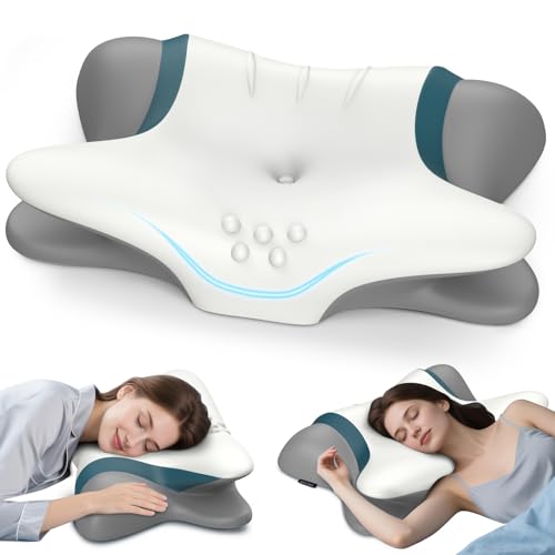 Cervical Neck Pillow for Pain Relief - Ergonomic Side Sleeper for Sleeping, Cooling Memory Foam Pillows for Neck Support, Contour Orthopedic Bed Pillow for Back Stomach Sleepers - color: White