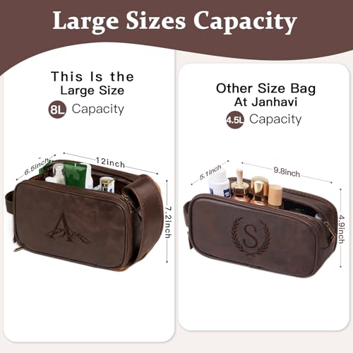 Janhavi Travel Toiletry Bag For Men Waterproof, Groomsmen Gifts Personalized Leather Engraved Initials & Mountain, Mens Dopp Kit Bag, Birthday Gifts For Men, Travel Tssentials (Dark Brown A) - color: Dark Brown, style: A