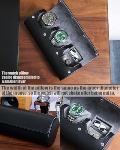 Watch and Cufflink Organizer for Men - Portable 2 Slot Display Storage Box With Velvet Holder for Large Watches, Rings - Travel Roll Case - color: Black 2 Slot Watch and 1 Slot Cufflink box