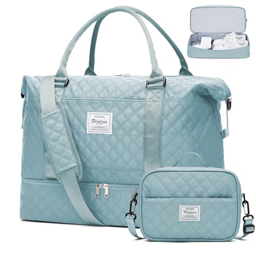 Weekender Bags for Women, Carry on Overnight Weekend Travel Duffel Bag with Shoes Compartment &Toiletry Bag, Personal Item Bag for Travel Business Trips Sport Hospital - color: Grid-LightBlue, size: Large