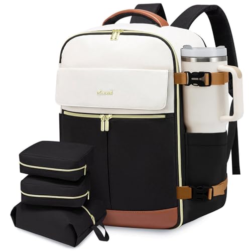 LOVEVOOK Travel Backpack for Women, TSA Carry On Backpack Flight Approved Luggage, 40L Water Resistant Personal Item Daypack Large Weekender Bag fit 17 inch Laptop with 3 Cubes, Beige-black-brown - color: Beige-black-brown, size: 40L-17.3 Inch-4Pcs