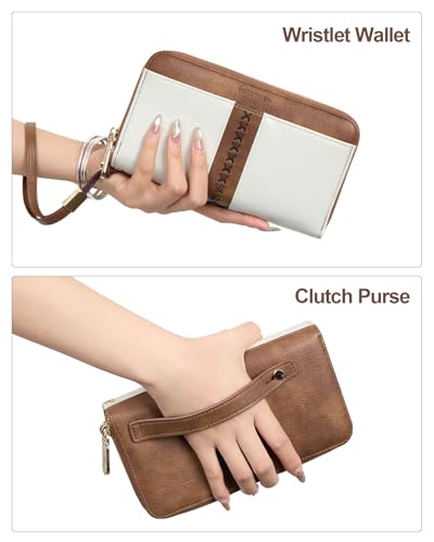 BOSTANTEN Wallets for Women Leather RFID Double Zipper Around Credit Card Holder Large Capacity Wristlet Clutch Wallet - color: Beige＆brown