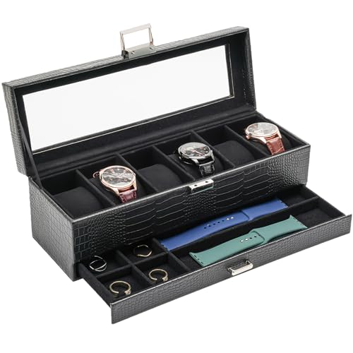 ProCase Watch Box, 6 Slot Watches Display Case with Drawer, Mens Watch Case with Glass Lid, 2-Layer Mens Jewelry Organizer Storage Holder, Birthday Valentine Gifts for Men -6 Slot, LizardBlack - color: Lizard Black, size: 6-Slot