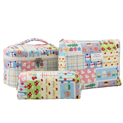 3PCS Coquette Makeup Bag,Quilted Cosmetic Bag Large Make Up Bag Set,Quilted Portable Toiletry Organizer Bag,Cotton Travel Skincare Bag for Women Girls (02-Cartoon Paradise) - style: 02-cartoon Paradise