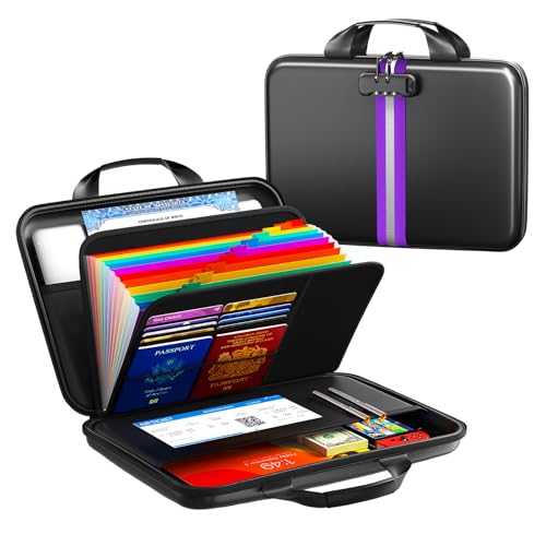 Fireproof Document Organizer with Lock, Rigid EVA File Box with 13-Pocket Accordion Folder for Important Documents & Tablets under 11", Lightweight Safe Storage for Home, Office & Travel (Small Size) - color: B-Purple