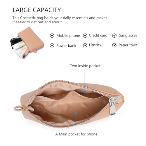30 Color PU Faux Leather Travel Toiletry Bag for Women, Mini Cosmetic Pouch Organizer with 2 Dividers, Easy Clean Makeup Bag for Purse, Gift Idea (PU Faux Leather/Camel Pink) - color: PU/Camel Pink