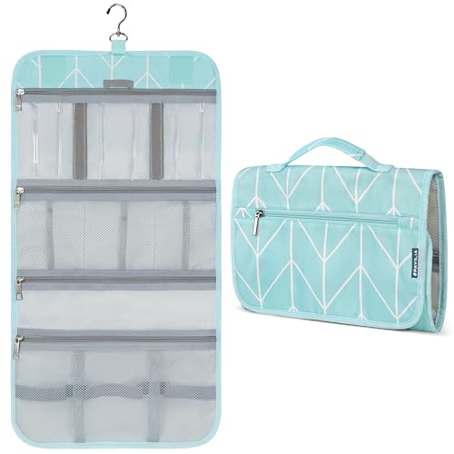 PAVILIA Hanging Toiletry Bag for Women Men, Large Foldable Toiletries Organizer with Hook, Water-Resistant Makeup Cosmetic Rollup Case, Clear Pockets for Bathroom, Gym, Cruise (Teal Chevron) - color: Teal Chevron