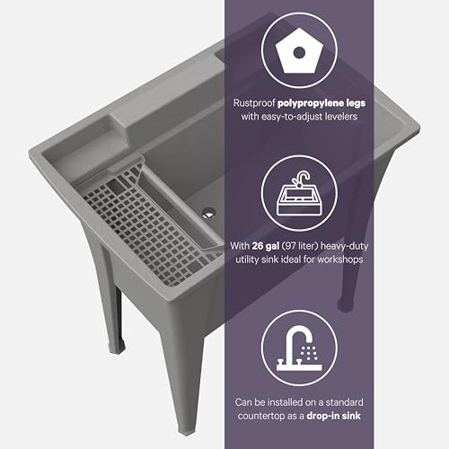 32” Utility Sinks for Laundry Room, Garage, Garden, Basement – Noah William Home Indoor and Outdoor Polypropylene Basement Wash Tub - No Faucet Included (Grey) - color: Gray, size: 32" - 25.6 gal