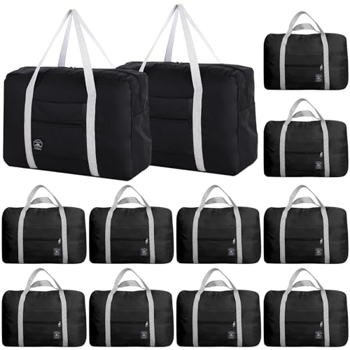 Travel Bag 12 PCS Carry on Luggage Foldable Duffel Bag Sports Gym Bag Weekender Overnight Bag Water Resistant Nylon Travel Duffel for Men Women (Black 12 PCS) - color: Black 12