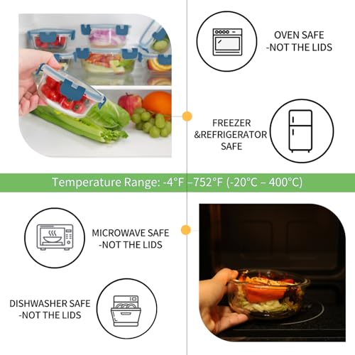 HOMBERKING Glass Food Storage Containers with Lids, [18 Piece] Glass Meal Prep Containers, Airtight Lunch Bento Boxes, BPA-Free & Leak Proof (9 lids & 9 Containers) - Deep Blue - color: Deep Blue
