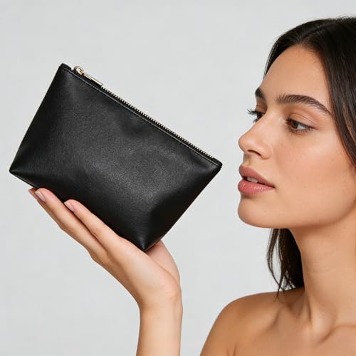 3 Pcs Makeup Bag Set for Women Black Soft Leather Travel Cosmetic Bag Make Up Pouch Small Travel Zipper Pouch,Water-resistant Makeup Organizer Bag for Women（Flat black） - color: Flat black