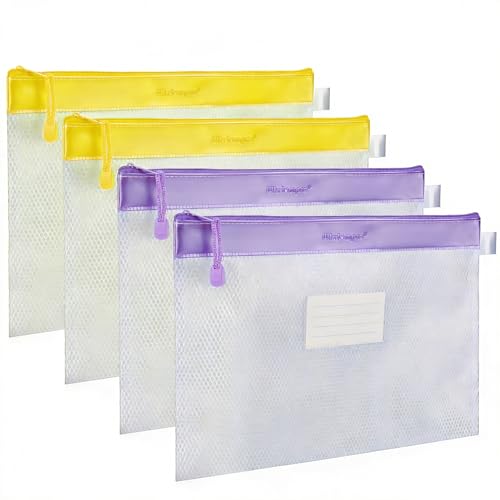 Wisdompro Zipper Pouch, 4 Packs Durable Letter Size Waterproof Mesh File Bag, Document Organizer - Purple/Yellow - color: Purple/Yellow