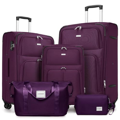 LARVENDER Softside Luggage Sets 5 Piece Expandable Suitcases Set with Spinner Wheels TSA Lock, Lightweight Soft Shell Rolling Travel Luggage Set for Men and Women, Purple - color: Purple, size: 5 Piece Set