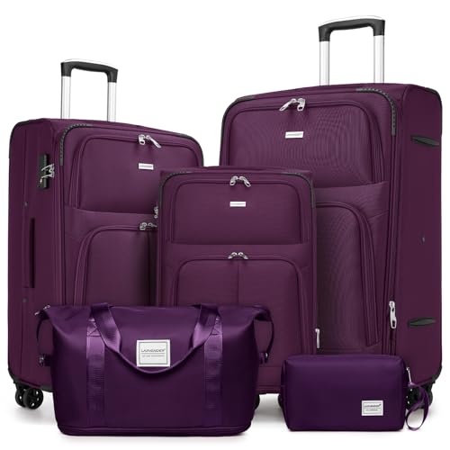 LARVENDER Softside Luggage Sets 5 Piece Expandable Suitcases Set with Spinner Wheels TSA Lock, Lightweight Soft Shell Rolling Travel Luggage Set for Men and Women, Purple - color: Purple, size: 5 Piece Set