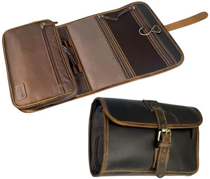 RUSTIC TOWN Leather Hanging Toiletry Bag for Men - Travel Shaving Dopp Kit - Bathroom Shower Toiletries Organizer - Leather Cosmetic Makeup Bag for Women - color: Brown