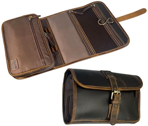 RUSTIC TOWN Leather Hanging Toiletry Bag for Men - Travel Shaving Dopp Kit - Bathroom Shower Toiletries Organizer - Leather Cosmetic Makeup Bag for Women - color: Brown