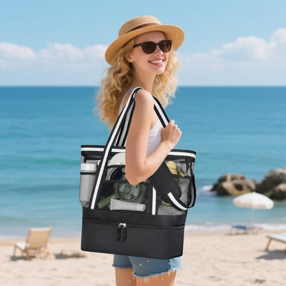 WOOMADA Beach Tote Bag With Cooler, Large Mesh Beach Bags for Women with Wet Pocket, Pool, Swim, Travel Essentials - color: Black White