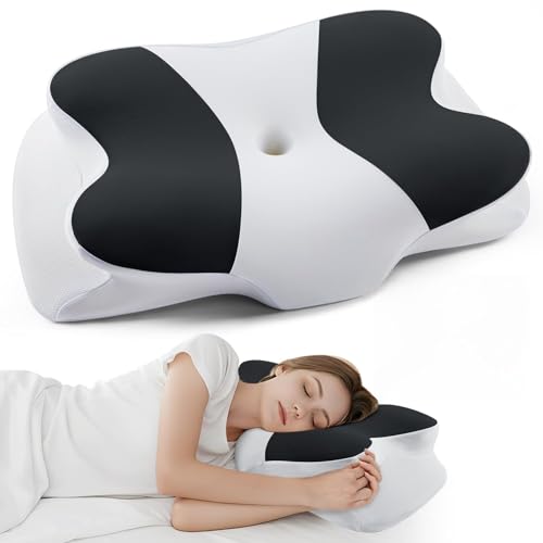 DONAMA Cervical Neck Pillow- Ergonomic Pillows for Pain Relief, Contour Memory Foam Pillow for Side/Back/Stomach Sleepers, CertiPUR-US Certified with Cooling Ice Silk Pillowcase - color: Black