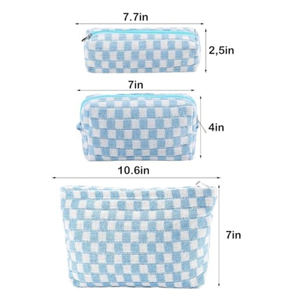 ZLFSRQ 3Pcs Checkered Makeup Bag for Women Large Small Checkered Cosmetic Bag Set Aesthetic Preppy Pencil Case Cute Pencil Pouch Blue Makeup Pouch for Purse Travel Toiletry Bags Zipper Skincare Bags - color: B-Checkered 3Pcs Mix Blue