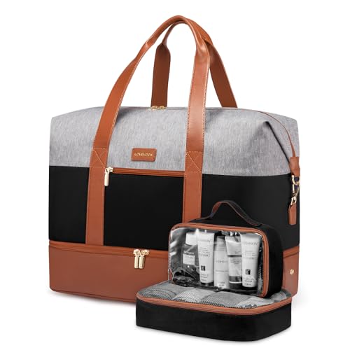 LOVEVOOK Weekender Bag for Women, Large Duffle Bag for Travel with 2 Packing Cubes, Carry on Overnight Bag with Shoe Compartment, Mom Hospital Bags for Labor and Delivery - color: Grey-Black-Brown, size: 56L-3Pcs