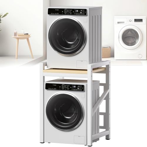 Washer Dryer Stacking Rack Kit 29.5in, Over the Washer and Dryer Storage Shelf for Laundry Room, Bathroom, Heavy Duty, Height Adjustable, 1.2mm Wall Thickness 660lbs Capacity (White, 29.5in) - color: White