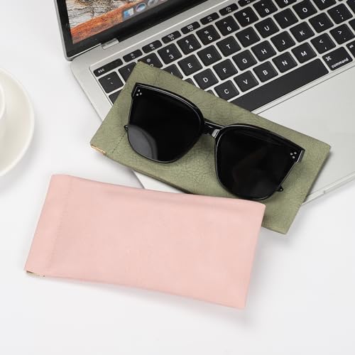 Sightor Sunglass Case, 2 Pcs Soft Eyeglass Cases for Women Portable Squeeze Top Leather Glasses Pouch - color: Rose, Green