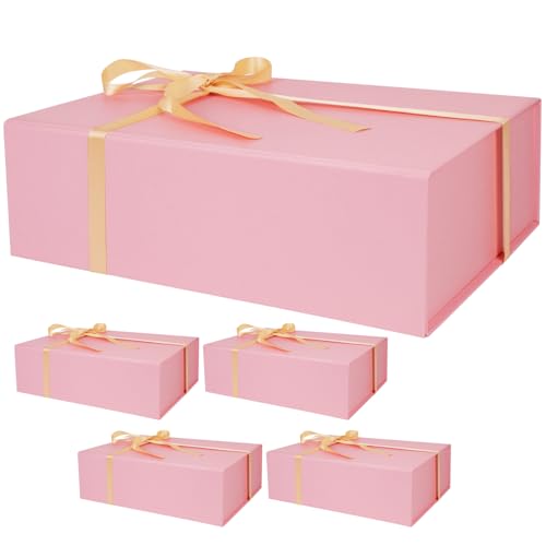 Large Pink Gift Box with Ribbon, 13.8" x 9" x 4.3" Groomsmen Proposal Box for Presents with Magnetic Closure Lids, Rectangle Collapsible Luxury Storage Box for Anniversary Wedding Birthday, 5 Pack - size: 1 Count (Pack of 5)