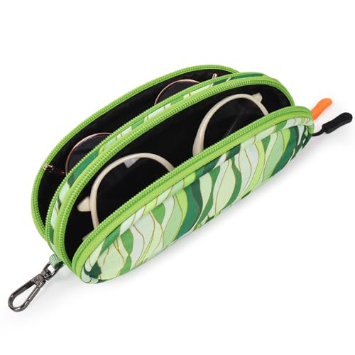 Double Eyeglasses Case Soft Portable Zipper Sunglasses Pouch with Keychain Clip for Men Women - color: Green Wave