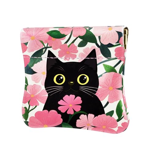 Travelambo Leather Squeeze Coin Purse Pouch Change Holder For Men & Women - color: Pink Floral Cat