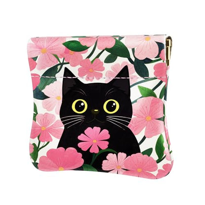 Travelambo Leather Squeeze Coin Purse Pouch Change Holder For Men & Women - color: Pink Floral Cat