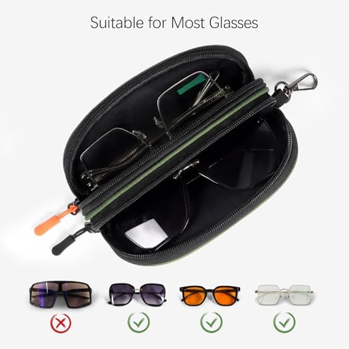 Double Eyeglasses Case Soft Portable Zipper Sunglasses Pouch with Keychain Clip for Men Women - color: Army Green