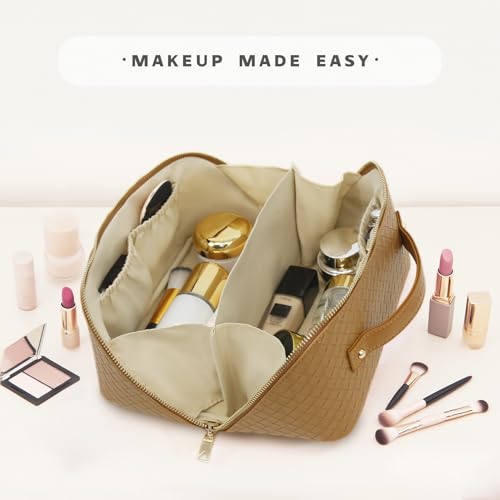 Travel Makeup Bag – Large Cosmetic Organizer with Waterproof PU Leather, Smooth Double Zipper & Tear-Resistant Lining, Toiletry Pouch for Women (Caramel) - color: 03-Caramel