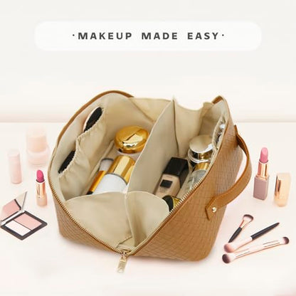 Travel Makeup Bag – Large Cosmetic Organizer with Waterproof PU Leather, Smooth Double Zipper & Tear-Resistant Lining, Toiletry Pouch for Women (Caramel) - color: 03-Caramel