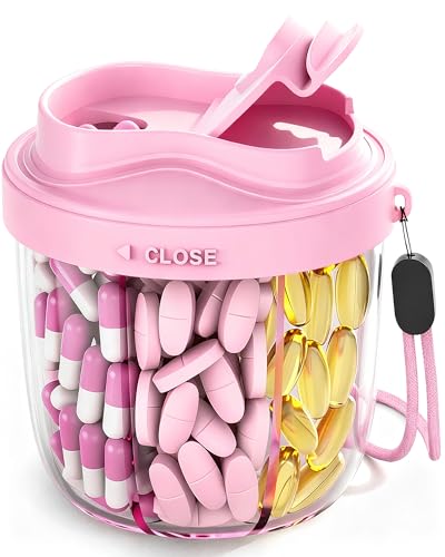Cute Pill Organizer,Pill Dispenser with 7 Large Compartments,Portable Pill Bottle Box with Wide Opening for Easy Use, Anti-Mix Pills Organizer for Travel,Includes 20 Pcs Sticky Labels（Pink） - color: Pink