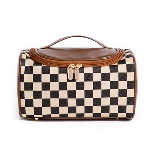 Vintage Makeup Bag for Women Portable Retro Checkered Pattern Cosmetic Organizer Patchwork Style Pillow Storage Pouch Skincare Storage Bag Large Capacity Elegant Handheld Waterproof Handbag (Brown) - color: Brown