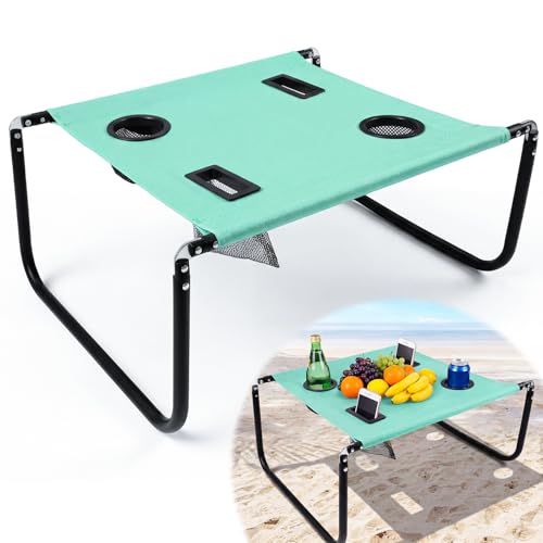 Portable Beach Table Foldable Camping Picnic Table with Cup Holder and Phone Pockets Lightweight Stable for Tailgate Travel Fishing Hiking and Outdoor Adventures(Green,Solid Pattern) - color: Green