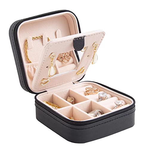 KElofoN Travel jewelry case Travel jewelry box Travel Jewelry Organizer Small Jewelry Organizer Box Gift for Girls Women with Mirror(Black) - color: Black