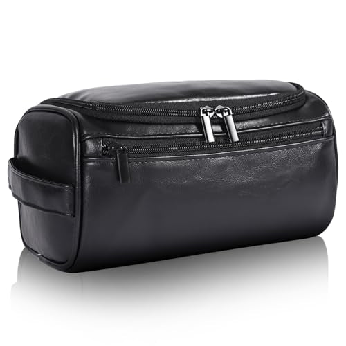 Toiletry Bag for Men, Hanging Travel Shaving Dopp Kit for Men and Women, Water-resistant Toiletries Organizer Bags, PU Leather Cosmetic Bags for Makeup Accessories (Black) - color: Black